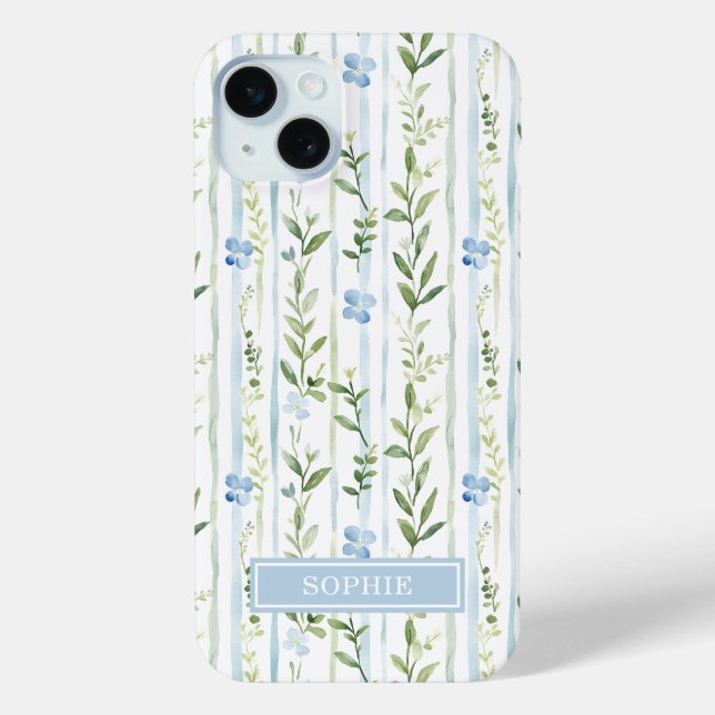 Blue Striped Floral Personalized Case-Mate iPhone Case (Back)
