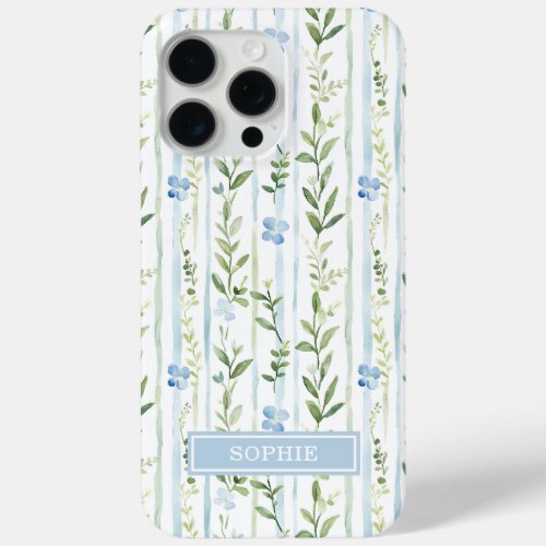 Blue Striped Floral Personalized iPhone 15 Pro Max Case