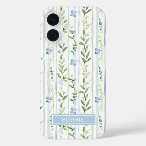 Blue Striped Floral Personalized iPhone 16 Case