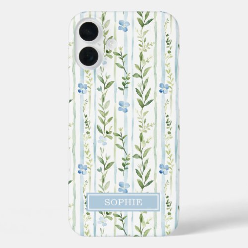 Blue Striped Floral Personalized iPhone 16 Plus Case