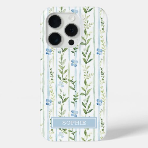 Blue Striped Floral Personalized iPhone 15 Pro Case
