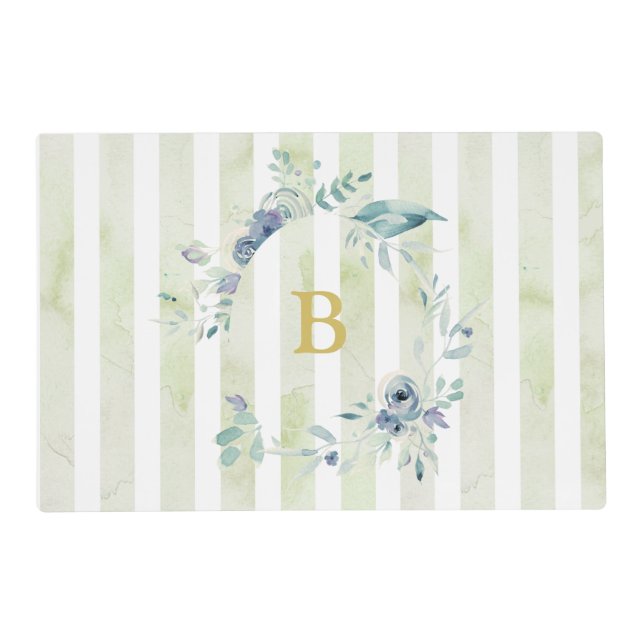 Blue striped french inspired monogrammed pet placemat (Front)