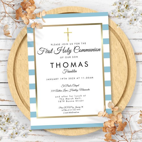Blue Striped Gold Cross First Holy Communion Invitation