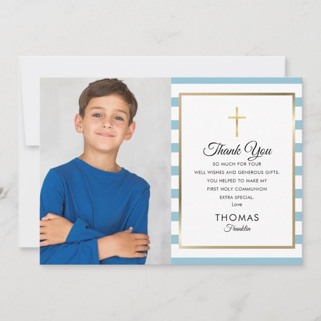 Blue Striped Gold Cross First Holy Communion Photo Thank You Card (Front)