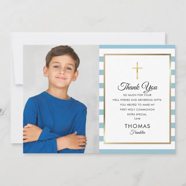 Blue Striped Gold Cross First Holy Communion Photo Thank You Card | Zazzle