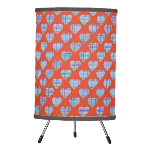 Blue striped hearts on warm red tripod lamp