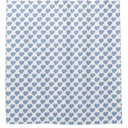 Blue striped hearts on white shower curtain