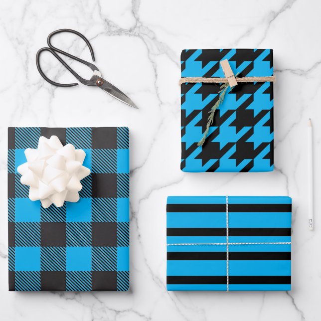 Blue Striped Houndstooth Buffalo Plaid Wrapping Paper Sheets (Front)