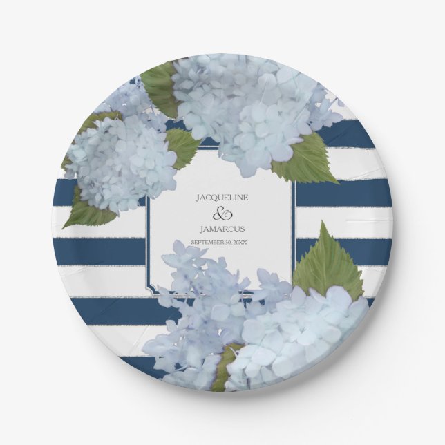 Blue Striped Hydrangea Floral Wreath Hand Painted Paper Plates (Front)