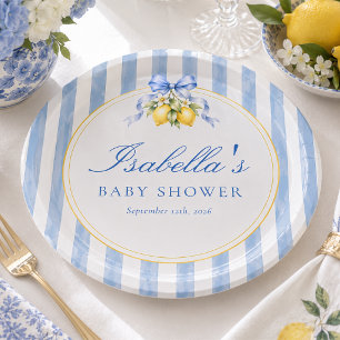 Blue Striped Lemon and Bow Amalfi Baby Shower Paper Plates