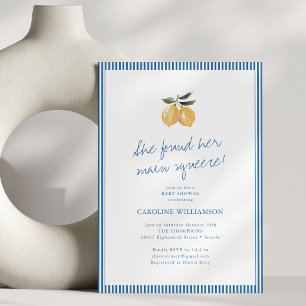 Blue Striped Lemon Main Squeeze Script Baby Shower Invitation