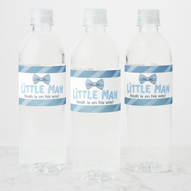 Blue Striped Little Man Baby Shower  Water Bottle Label (Bottles)