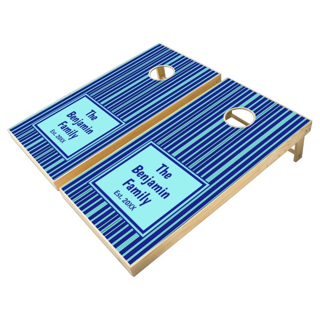 Blue Striped Modern Pattern Personalize Cornhole Set (Angled)