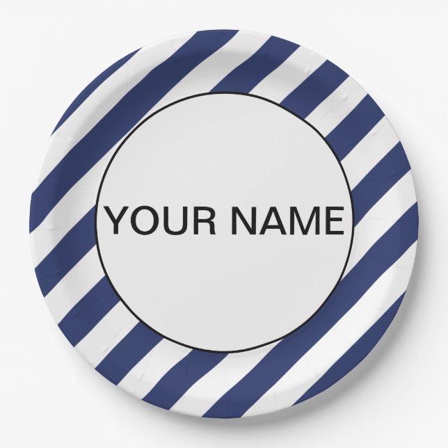 Blue Striped Name Template Paper Plates (Front)
