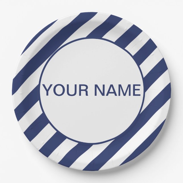 Blue Striped Name Template Paper Plates (Front)