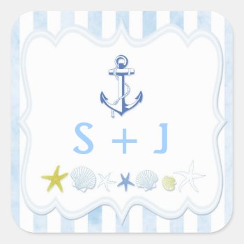 Blue Striped Nautical Wedding Favor Square Sticker by BridalHeaven at Zazzle