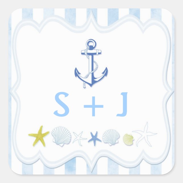 Blue Striped Nautical Wedding Favor Square Sticker (Front)