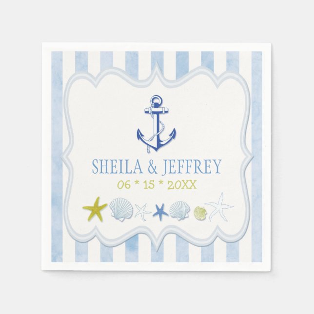 Blue Striped Nautical Wedding Paper Napkins (Front)