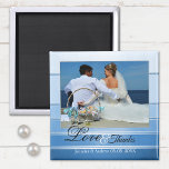 Blue Striped Nautical Wedding Photo Magnet<br><div class="desc">Elegant wedding Thank You photo magnet,  featuring your own favorite wedding photo framed by a painted blue striped ton sur ton design with a silver lining. Beautiful for a blue themed wedding or nautical wedding and customizable as Save the Date magnet.</div>