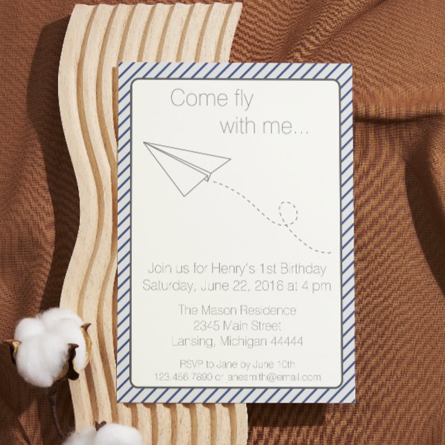 Blue Striped Paper Airplane Birthday Invite (Creator Uploaded)