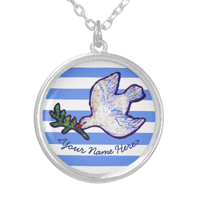 Blue Striped Peace Dove Custom Necklace (Front)