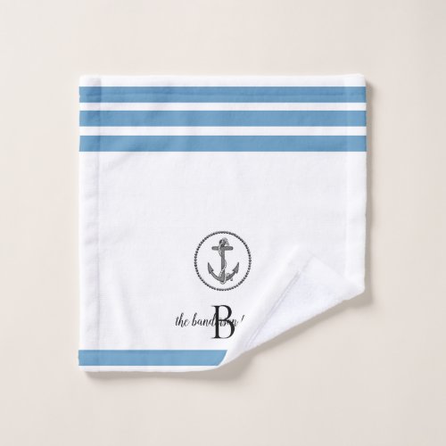 Blue Striped Personalized Black Circled Anchor Bath Towel Set