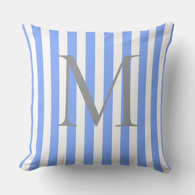 Blue Striped Personalized Monogram Initial Throw Pillow (Front)