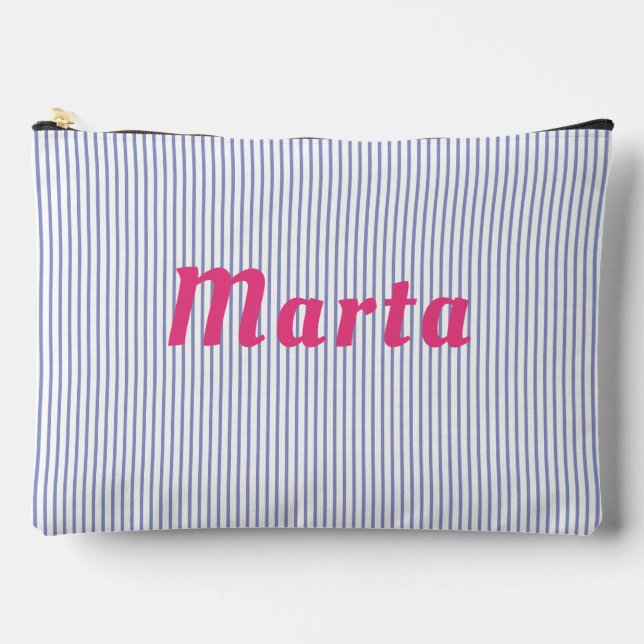 Blue striped, pink letters accessory pouch. accessory pouch (Front)