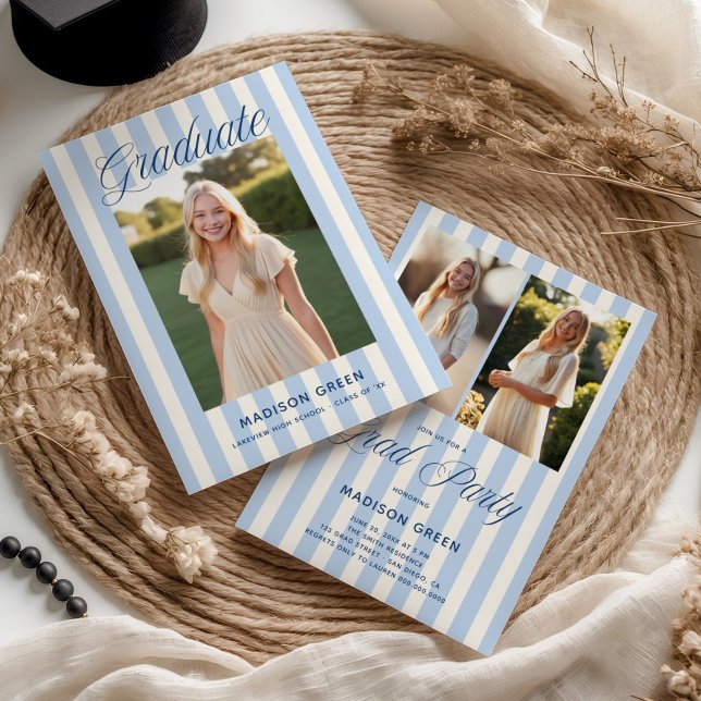 Blue Striped Preppy Graduation Invitation (Creator Uploaded)