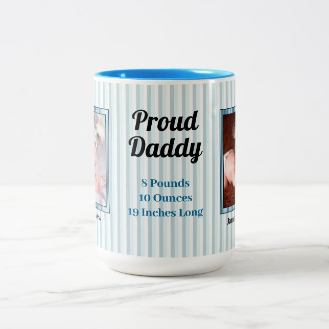 Blue Striped Proud Dad 2 Photo Two-Tone Coffee Mug (Center)