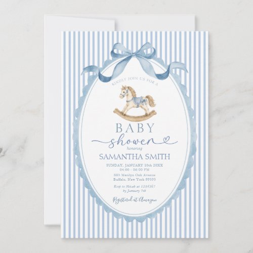 Blue Striped Rocking Horse Baby Shower Invitation