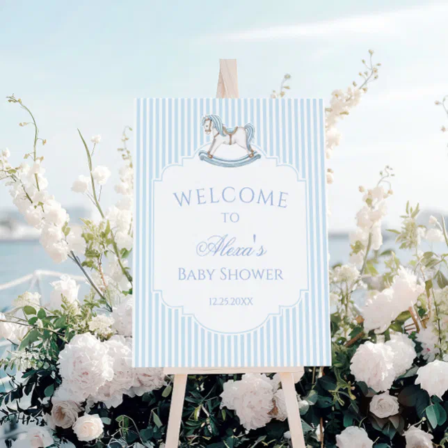 Blue Striped Rocking Horse Baby Shower Welcome Foam Board | Zazzle