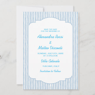 Blue Striped Save The Date Elegant Script Wedding Invitation