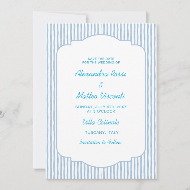 Blue Striped Save The Date Elegant Script Wedding Invitation (Front)