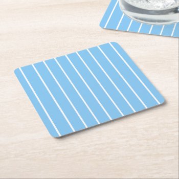 Blue Striped Square Paper Coaster by morning6 at Zazzle