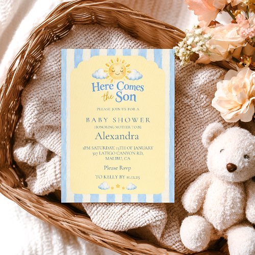 Blue Striped Sunshine Baby Shower Invitation