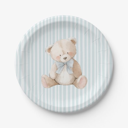 Blue Striped Teddy Bear Baby Birthday Paper Plates