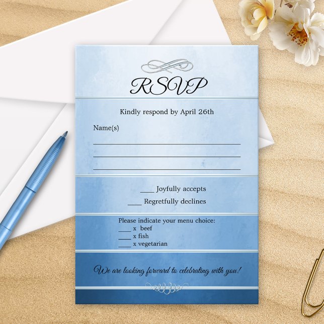Blue Striped Tone on Tone Wedding RSVP Card (RSVP card featuring a watercolor effect blue striped tone on tone design with a silver lining)