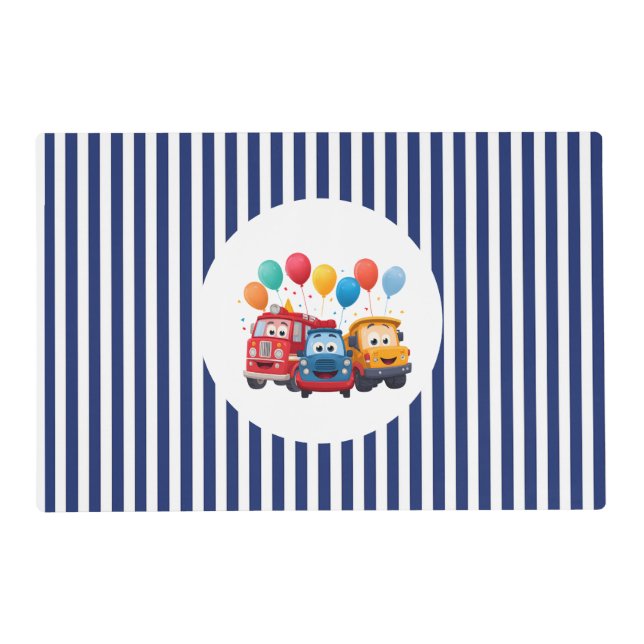 Blue Striped Truck Birthday Theme paper Placemat (Front)