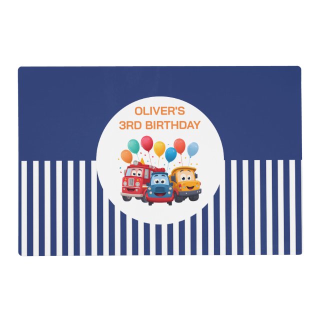 Blue Striped Truck Birthday Theme paper Placemat (Front)