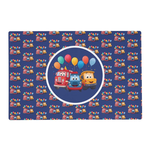 Blue Striped Truck Birthday Theme paper Placemat (Front)