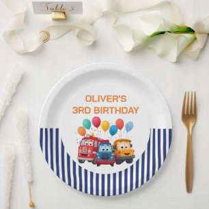 Blue Striped Truck Birthday Theme Paper Plates