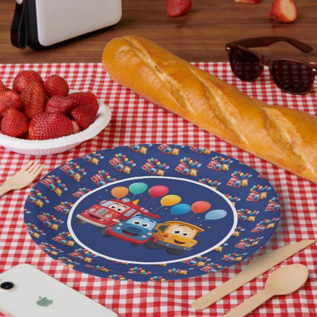 Blue Striped Truck Birthday Theme Paper Plates (Picnic)