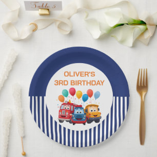 Blue Striped Truck Birthday Theme Paper Plates