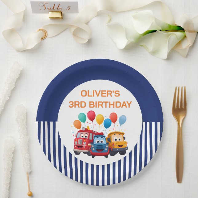 Blue Striped Truck Birthday Theme Paper Plates (Wedding)