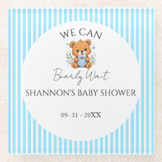 Blue Striped We can bearly wait baby shower Glass Coaster