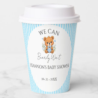 Blue Striped We can bearly wait baby shower Paper Cups