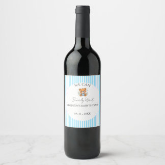 Blue Striped We can bearly wait baby shower Wine Label
