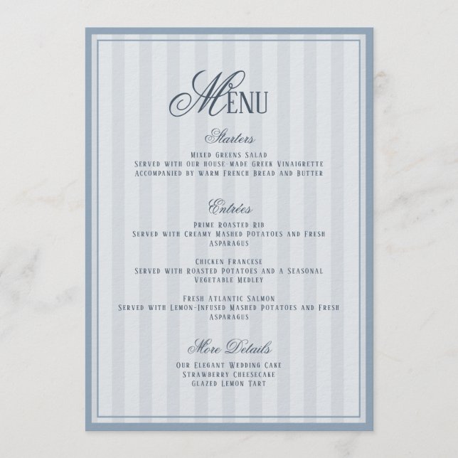 Blue Striped Wedding Menu  Card (Front)