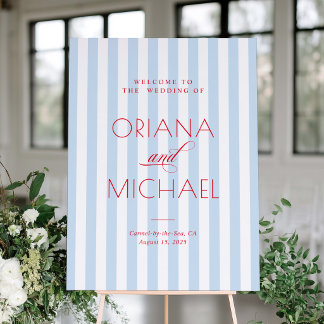 Blue Striped Wedding Welcome Sign with Red Font